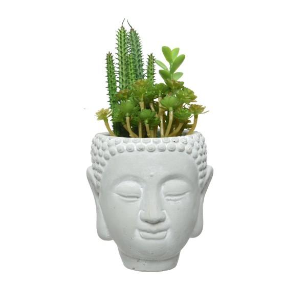 Sukkulenten Mix im Buddha Topf - Kunstpflanzen - H: 23cm, D: 14cm - weiß/grün