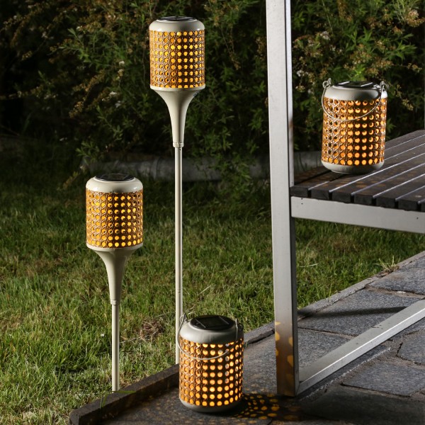 LED Solar Laternen und Gartenstecker - zwei Henkel u. zwei Erdspieße - D: 10,5cm - natur - 4er Set