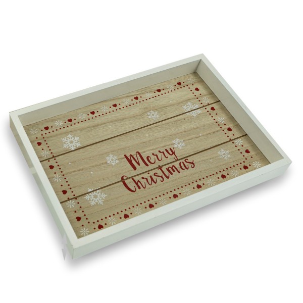 Tablett MERRY CHRISTMAS - Dekotablett - L: 35cm - B: 24cm - weiß, rot, natur