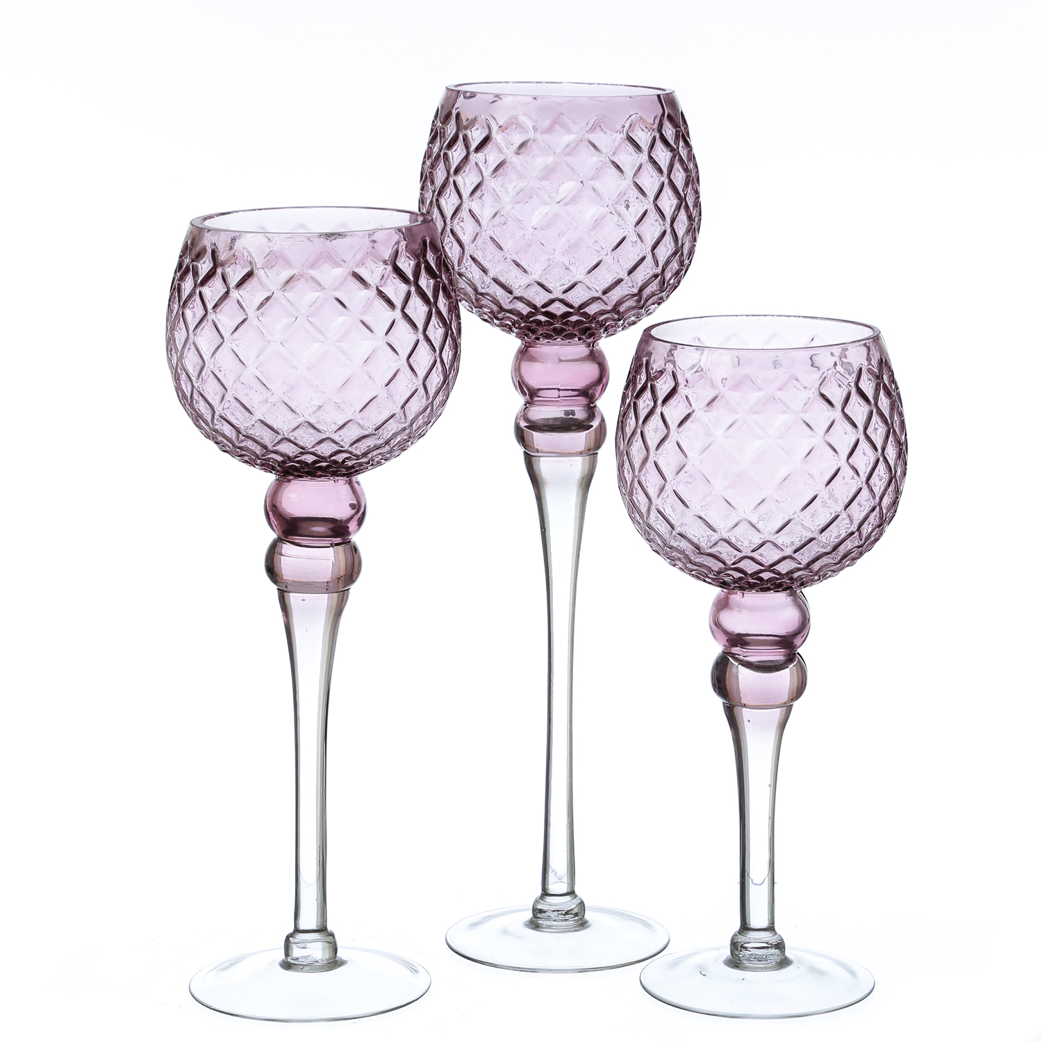 Set - H: Kelch | - Kerzenhalter Windlicht - - 3er Lichterketten Experte Glas - rosa 30,5cm/34,5cm/40cm