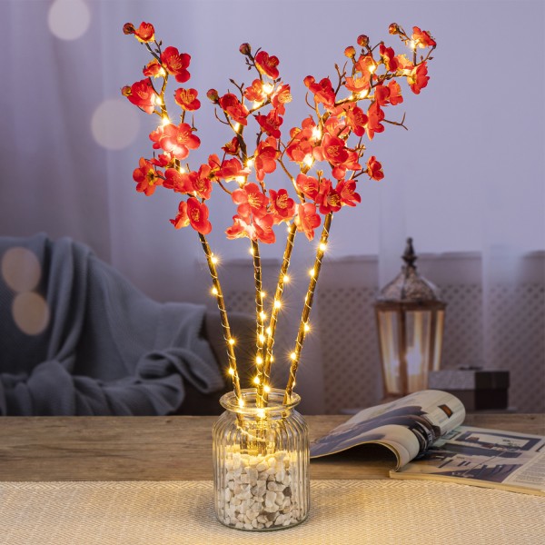 LED Blütenzweig - 4 Zweige mit je 15 roten Blüten - 60 warmweiße LED - H: 54cm - Batterie - rot