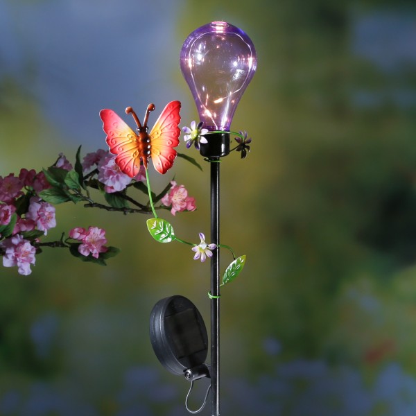 LED Solar Gartenstecker Glühbirne mit Schmetterling - 5 warmweiße LED - H: 84cm - Lichtsensor