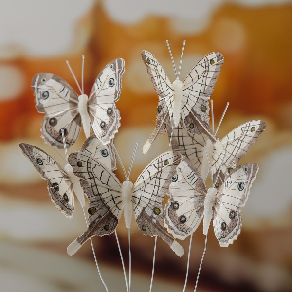 Deko Schmetterlinge - aus Federn - am Draht - H: 6,5cm - 2 Motive - weiß - 6er Set