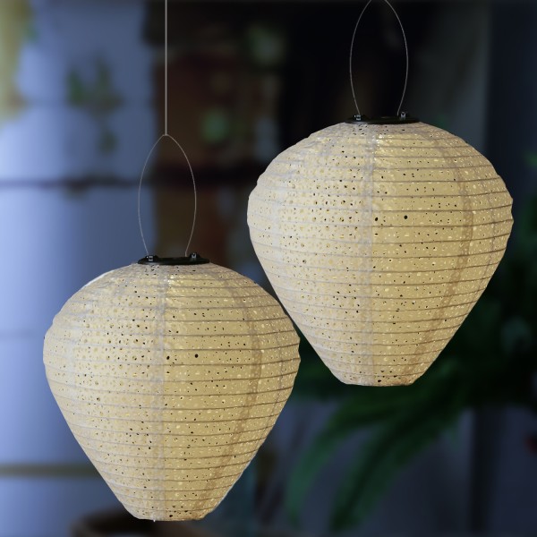 LED Solar Lampion Ballon - Blumenmuster - warmweiß - H: 30cm - D:30cm - Lichtsensor - weiß - 2 Stück