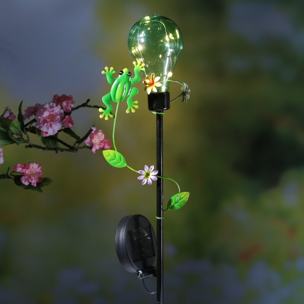 LED Solar Gartenstecker Glühbirne mit Frosch - 5 warmweiße LED - H: 84cm - Lichtsensor