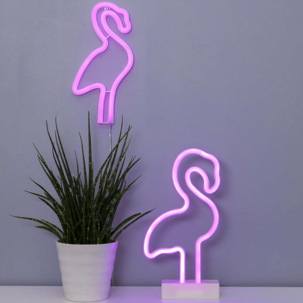 LED-Silhouette Neonlight pink Flamingo - Wandmontage - 28,5cm x14,5cm - Batterie - Timer