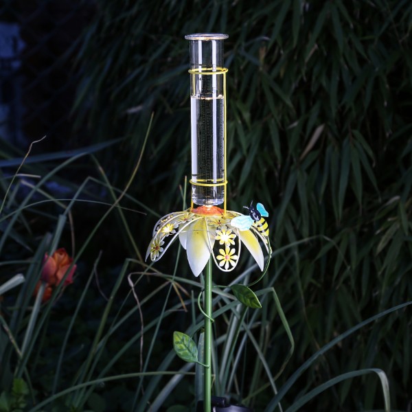 LED Solar Regenmesser mit Blume und Biene - Gartenstecker - H: 84cm - Lichtsensor - gelb, grün