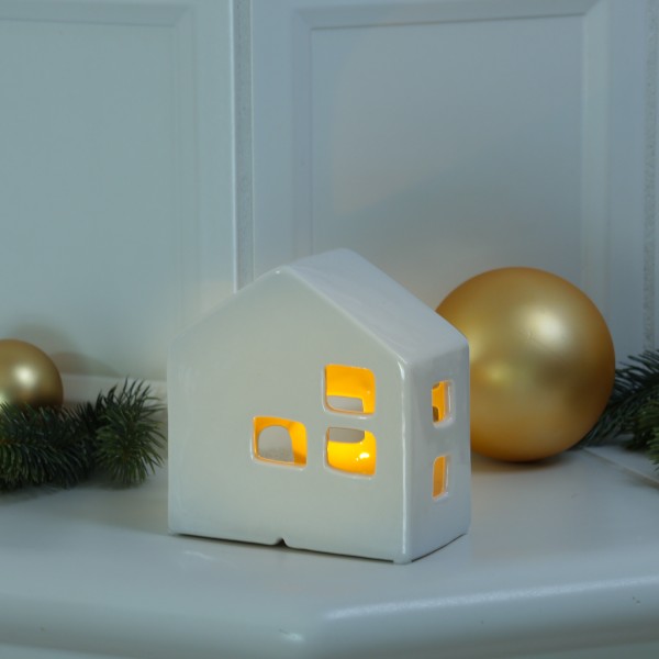 LED Haus - Porzellan Lichthaus - warmweiße LED - H: 13cm - inkl. Batterie - für Innen - weiß