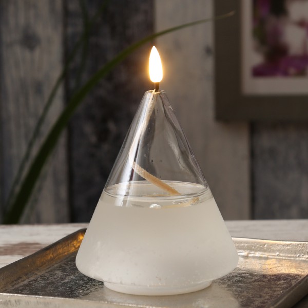 LED Kerze im Glas - Öllampe mit Flüssigwachs Optik - flackernde 3D Flamme - Timer - H:15,5cm - Kegel