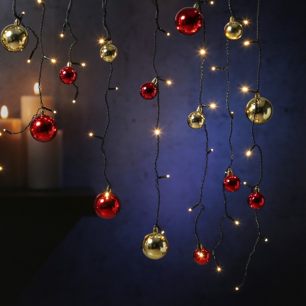LED Lichtervorhang - mit 30 Weihnachtskugeln - 70 warmweiße LED - L: 1,30m - Trafo - Außen - schwarz