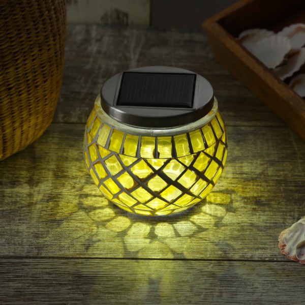 LED Solar Windlicht - Mosaik Solarglas - kaltweiße LED - Lichtsensor - H: 9cm - für Außen - gelb