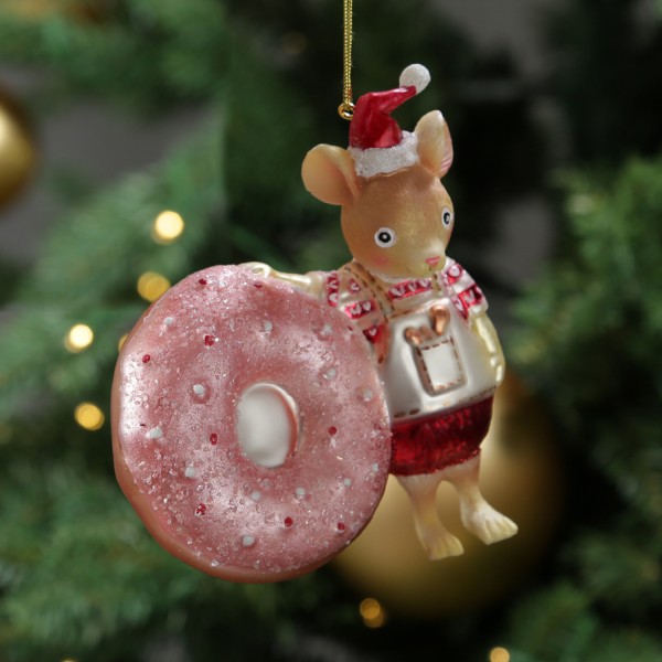 Weihnachtsbaumschmuck Mäuschen mit Donut - Christbaumschmuck - Glas - H: 11,5cm