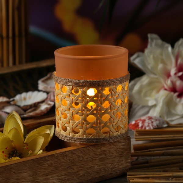 Teelichthalter mit Bambusgeflecht - Windlicht - Teelichtglas - H: 8,3cm - D: 7cm - terracotta