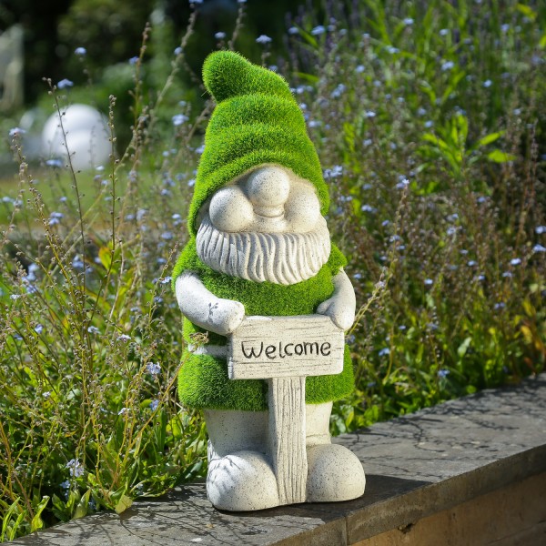 Gartenzwerg WELCOME - Gartenfigur - Magnesia - H: 38cm - grau, grün