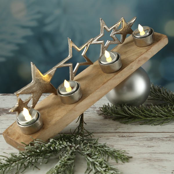 Teelichthalter mit silbernen Sternen auf Holzplatte - für 4 Teelichter - L: 38cm - natur, silber