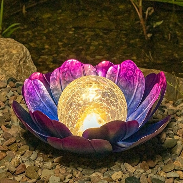 LED Solar Lotusblüte - Glaskugel in Crackle Optik - warmweiße LED - D: 25cm - Lichtsensor - lila