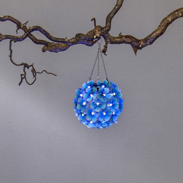 LED Solar Hängedeko Hortensie - mit Aufhänger - 44 kaltweiße LED - D: 16cm - Lichtsensor - blau