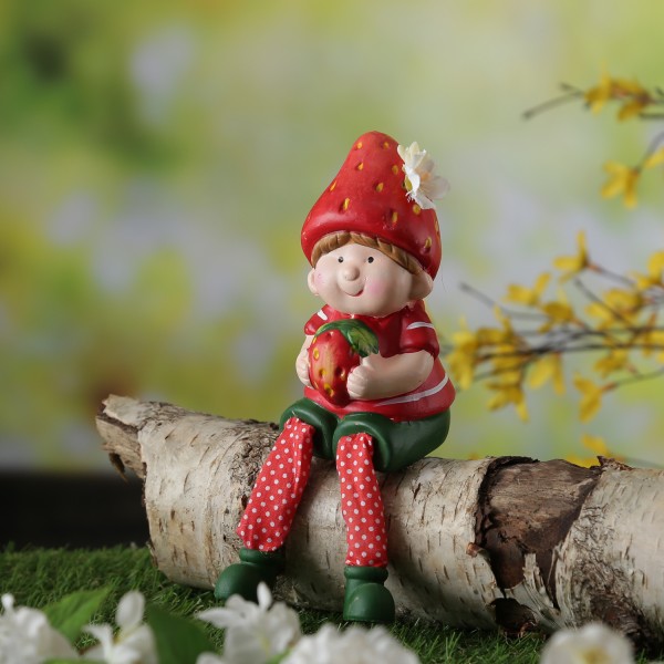 Kantenhocker Erdbeerjunge Fritz - niedliche Gartenfigur mit Erdbeere - Keramik - H: 19cm - rot