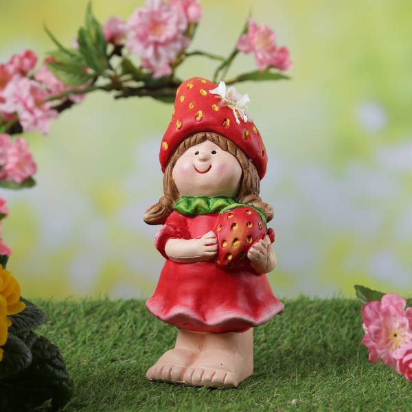 Dekofigur Erdbeermädchen Lotte - niedliche Gartenfigur mit Erdbeere - Keramik - H: 18,5cm - rot
