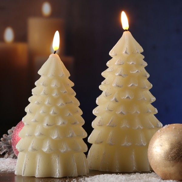 LED Kerzen in Tannenbaumform - Echtwachs - warmweiße 3D Flamme - Timer - creme - 2er Set
