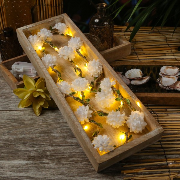LED Lichterkette Blumen - 20 warmweiße LED - Batterie - Timer - L: 1,45m - für Außen - weiß
