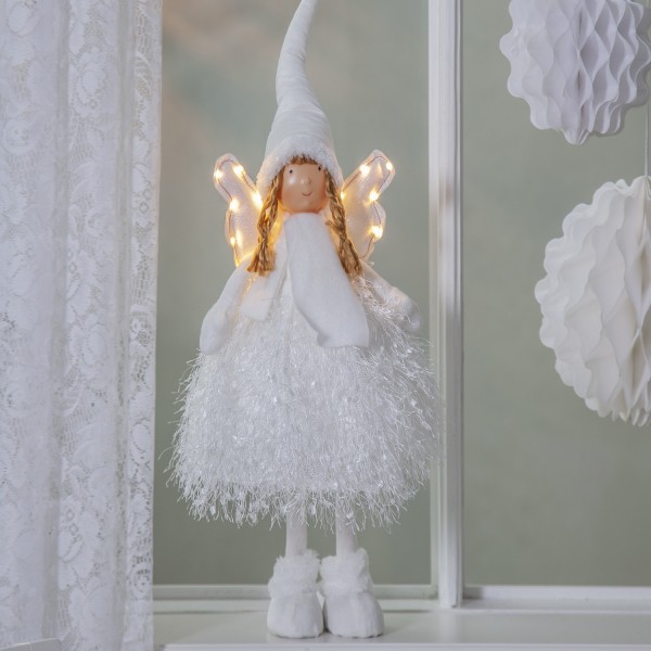 LED Figur Engel mit Zipfelmütze - 13 warmweiße LED - H: 55cm - für Innen - Batterie - weiß