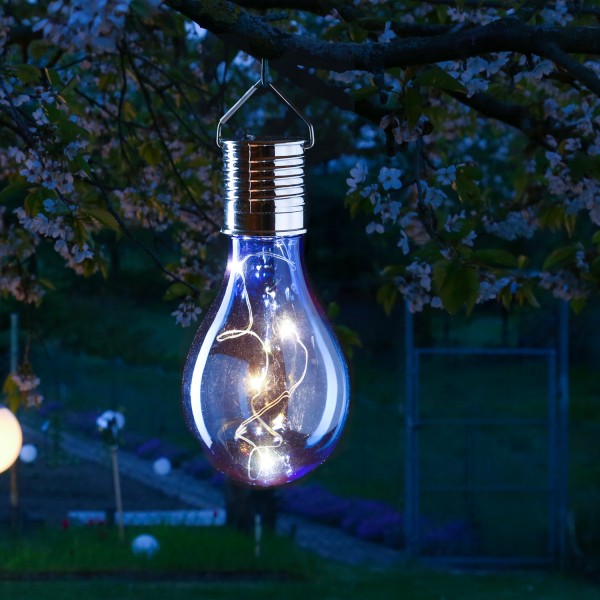LED Solar Glühbirne GLOW - warmweiße LED Drahtlichterkette - H: 14cm - Lichtsensor - outdoor - blau