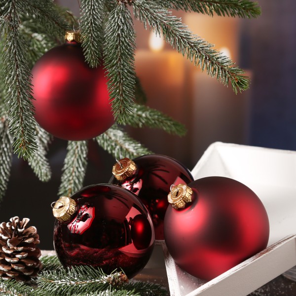 Christbaumkugel - Weihnachtsbaumkugel - bruchfest - D: 10cm - glänzend und matt - weinrot - 4er Set