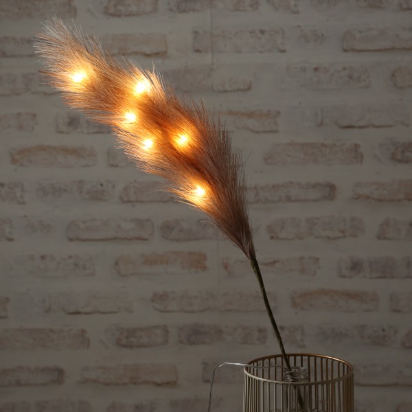LED Zweig Federbüschel - Pampasgras - 6 warmweiße LED - H: 70cm - Timer - für Innen - braun