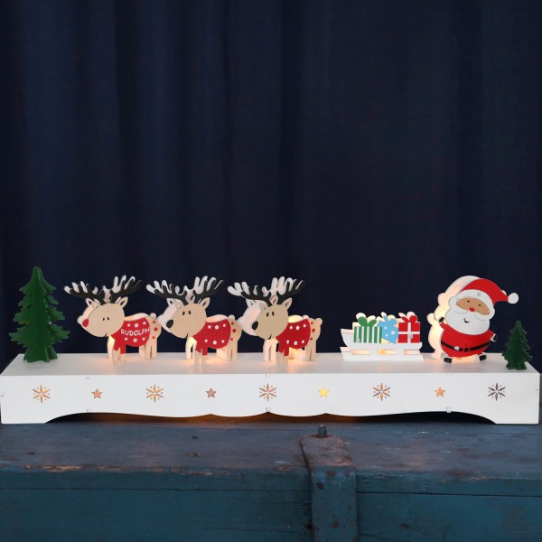 LED Leuchter aus Holz "Santa mit Rentieren" - 9 warmweiße LED - 11cm x 43cm - Timer, Batteriebetrieb