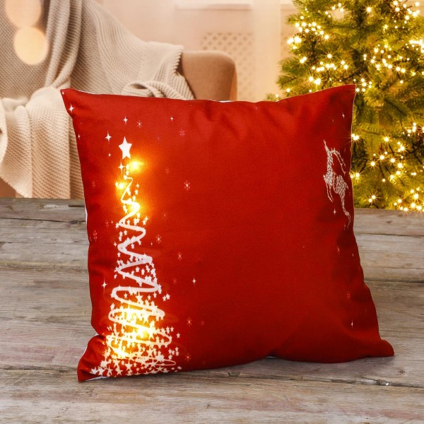 LED Kissen mit Tannendesign - Weihnachtskissen - 6 LED - Batteriebetrieb - 40 x 40cm - rot
