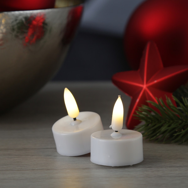 LED Teelicht - warmweiße flackernde Flamme - Batteriebetrieb - Timer - D: 3,8cm - weiß - 2er Set