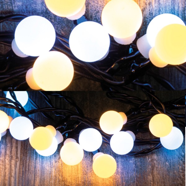 LED Lichterkette BERRY - 20 warmweiße/kaltweiße opale Kugeln - L: 1,9m - Timer - für Außen