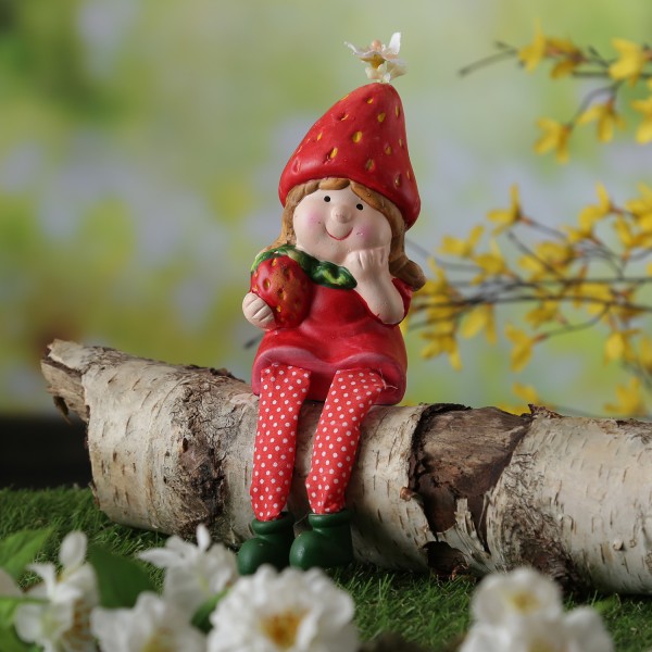 Kantenhocker Erdbeermädchen Lotte - niedliche Gartenfigur mit Erdbeere - Keramik - H: 19cm - rot