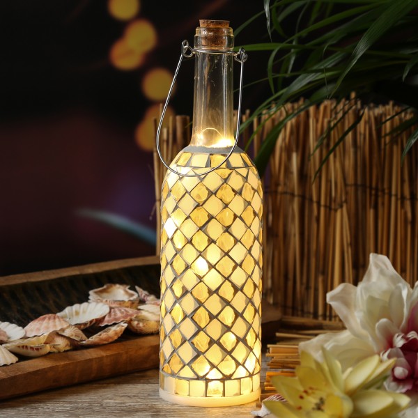LED Flasche mit Mosaiksteinen - 10 warmweiße LED an Drahtlichterkette - H: 29,5cm - beige