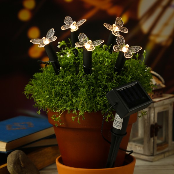 LED Solar Lichterkette Schmetterlinge - 5 warmweiße LED - L: 1,2m - H: 17cm - Lichtsensor - f. Außen