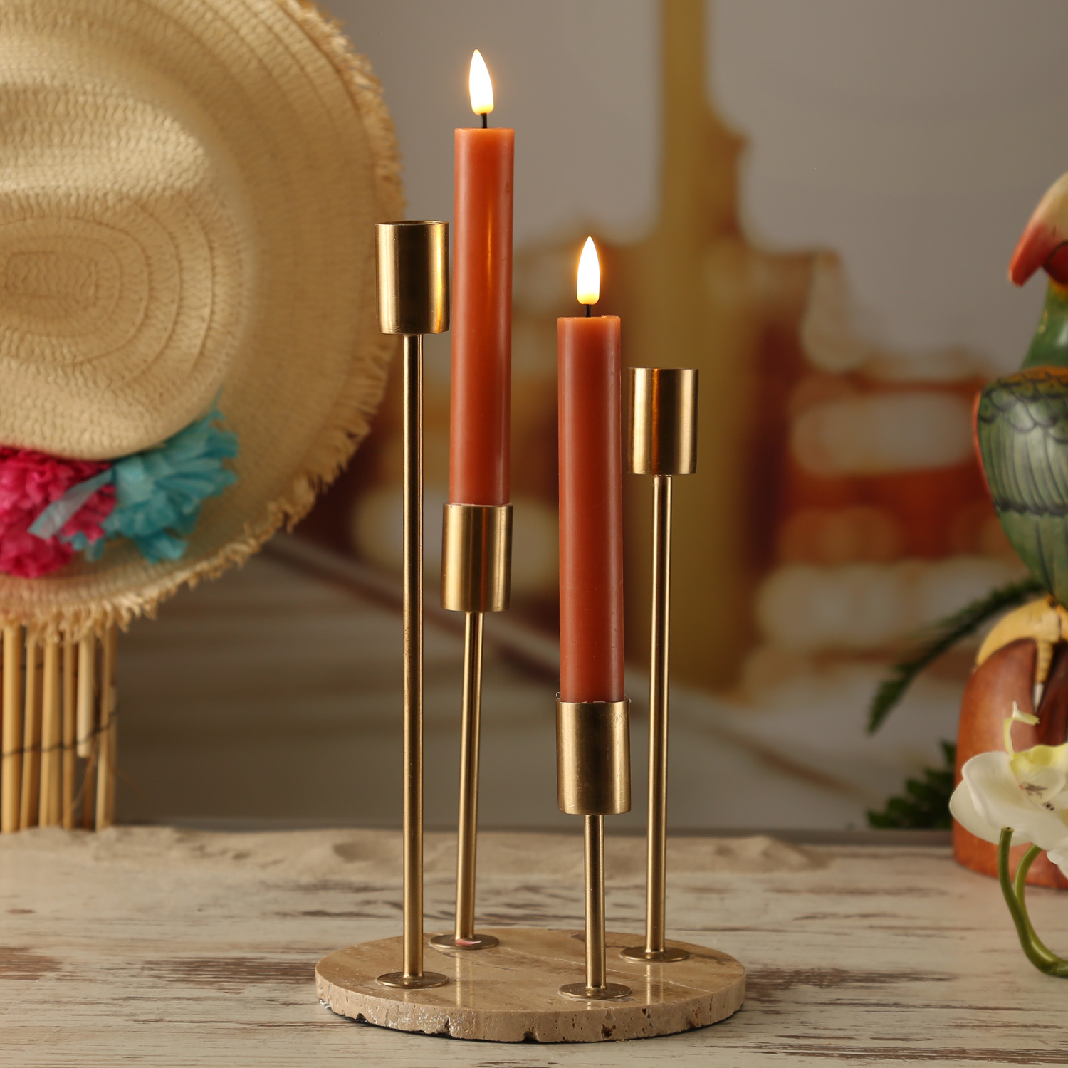 H: 28cm Experte Marmorplatte Stabkerzenhalter beige Lichterketten goldfarbene 4 - Kerzenständer - | - Kerzenhalterungen - -