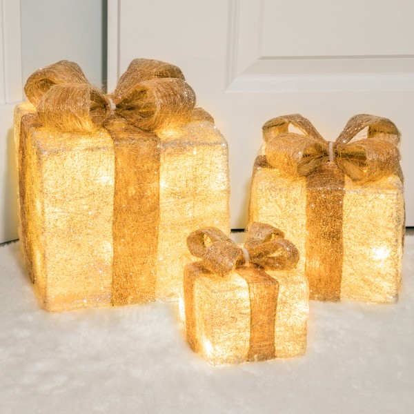 LED Geschenkboxen - 40 warmweiße LED - Batterie - Timer- für Innen - creme/gold - 3er Set