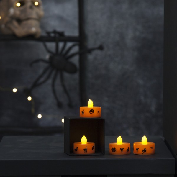 LED Teelichter Halloween - gelbe Flamme - H: 3cm - D: 4cm - Batteriebetrieb - orange - 4er Set