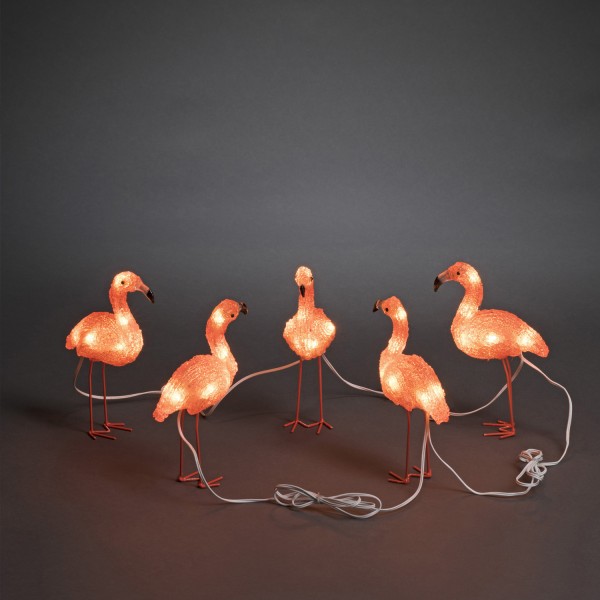 LED Acryl Flamingos - 40 bernsteinfarbene LED - outdoor - weißes Kabel - L: 4m - 5er Set