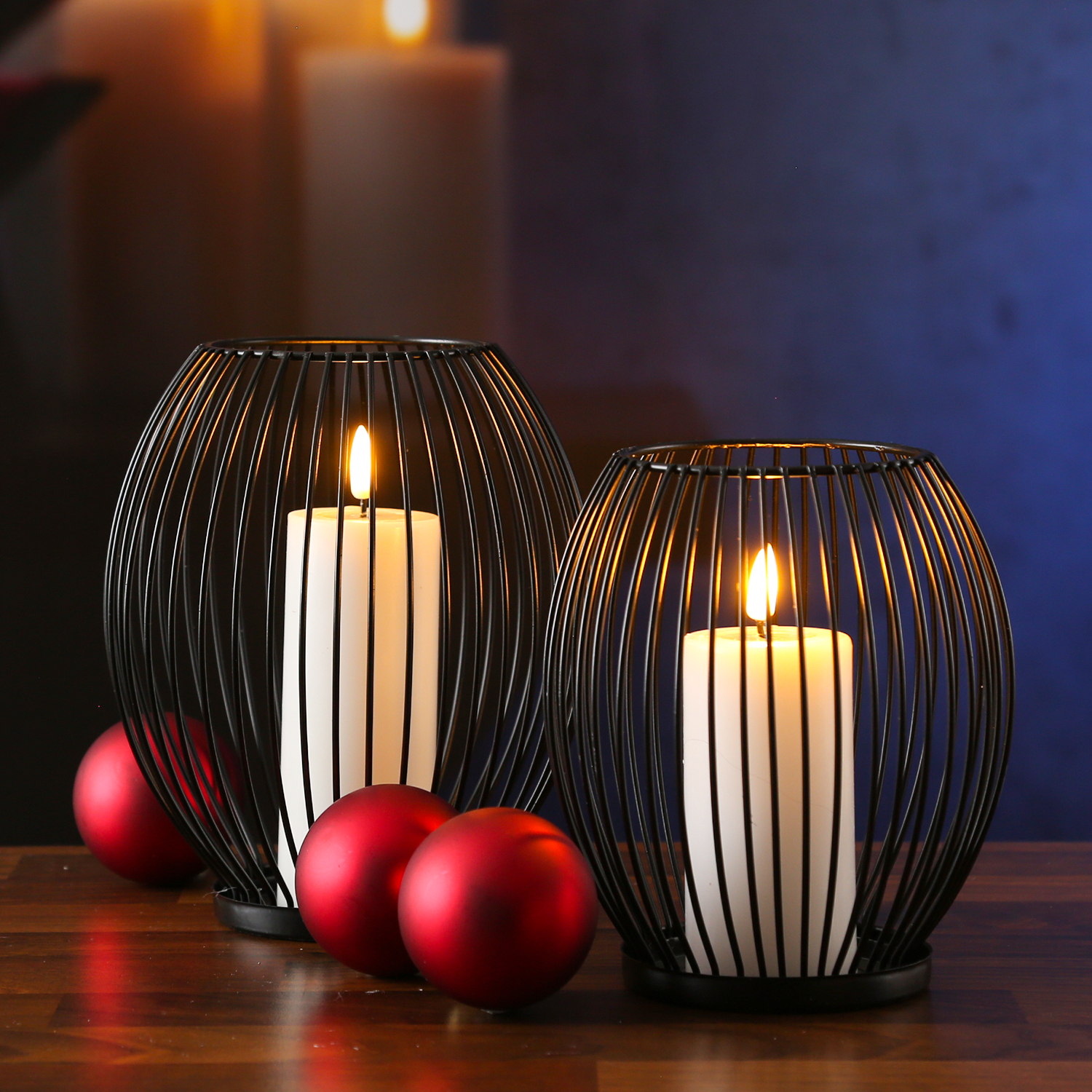 Kerzenhalter - Windlicht - Korb-optik - Metall - H: 18cm, H: 15,5cm - oval-  schwarz - 2er Set | Lichterketten Experte | Kerzenständer
