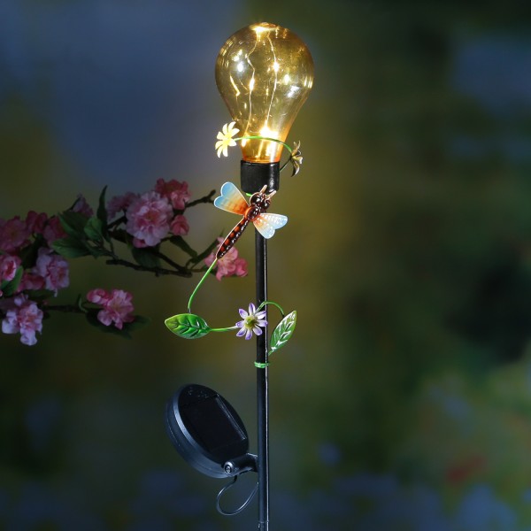 LED Solar Gartenstecker Glühbirne mit Libelle - 5 warmweiße LED - H: 84cm - Lichtsensor