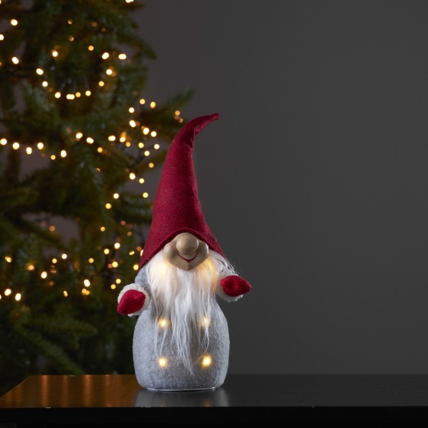 LED Stoff Wichtel mit Mütze - Weihnachtsmann - 6 warmweiße LED - H: 40cm - Batterie - rot