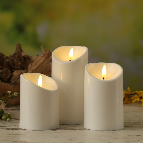 LED Kerzenset 3D Flamme - Kunststoff - flackernd - 3 Größen - Timer - für Außen - weiß - 3er Set