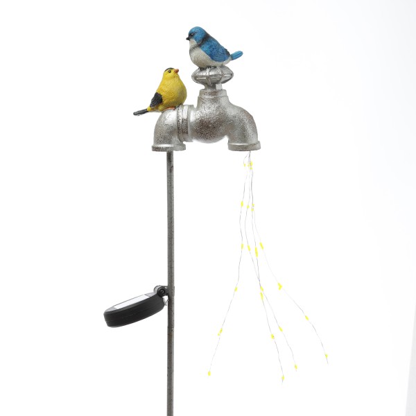LED Solar Wasserhahn mit Lichtbündel und Vögelchen - Garstenstecker - H: 72cm - Lichtsensor