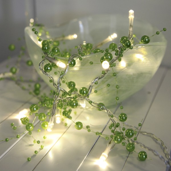 LED Lichterkette mit Perlen - 20 warmweiße LED - 1,15m - Batteriebetrieb - Timer - grün