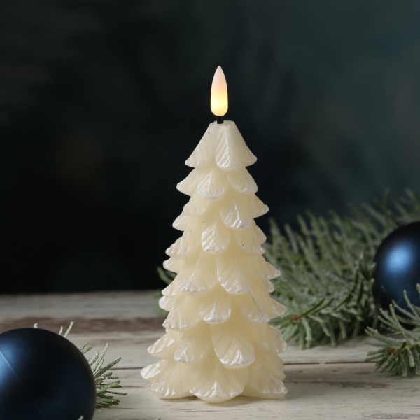 LED Kerze Tannenbaum - Echtwachs - warmweiße 3D Flamme - H: 16cm - Timer - creme