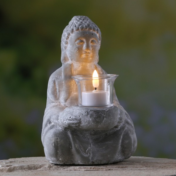 Teelichthalter Buddha - Steinoptik - H: 20cm - grau
