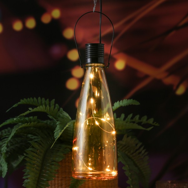 LED Solar Flasche - Glas - hängend/stehend - LED Drahtlichterkette - Lichtsensor - H: 26cm - orange