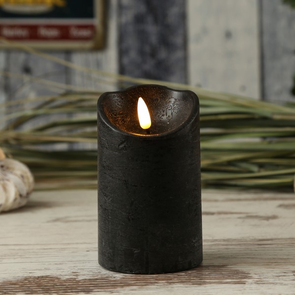 LED Kerze FLAMME - Rustik-Optik - Echtwachs - 3D Flamme - H: 12,5cm - Batterie - Timer - schwarz